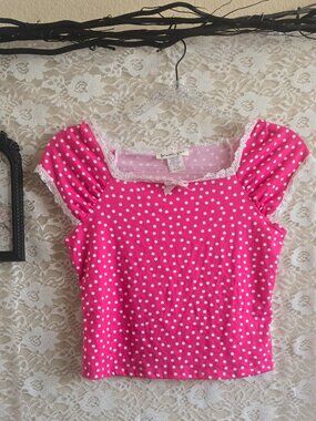 Pink & White Polka Dot Crop Tee - Babydoll Tee - cottagecore - y2k - festival